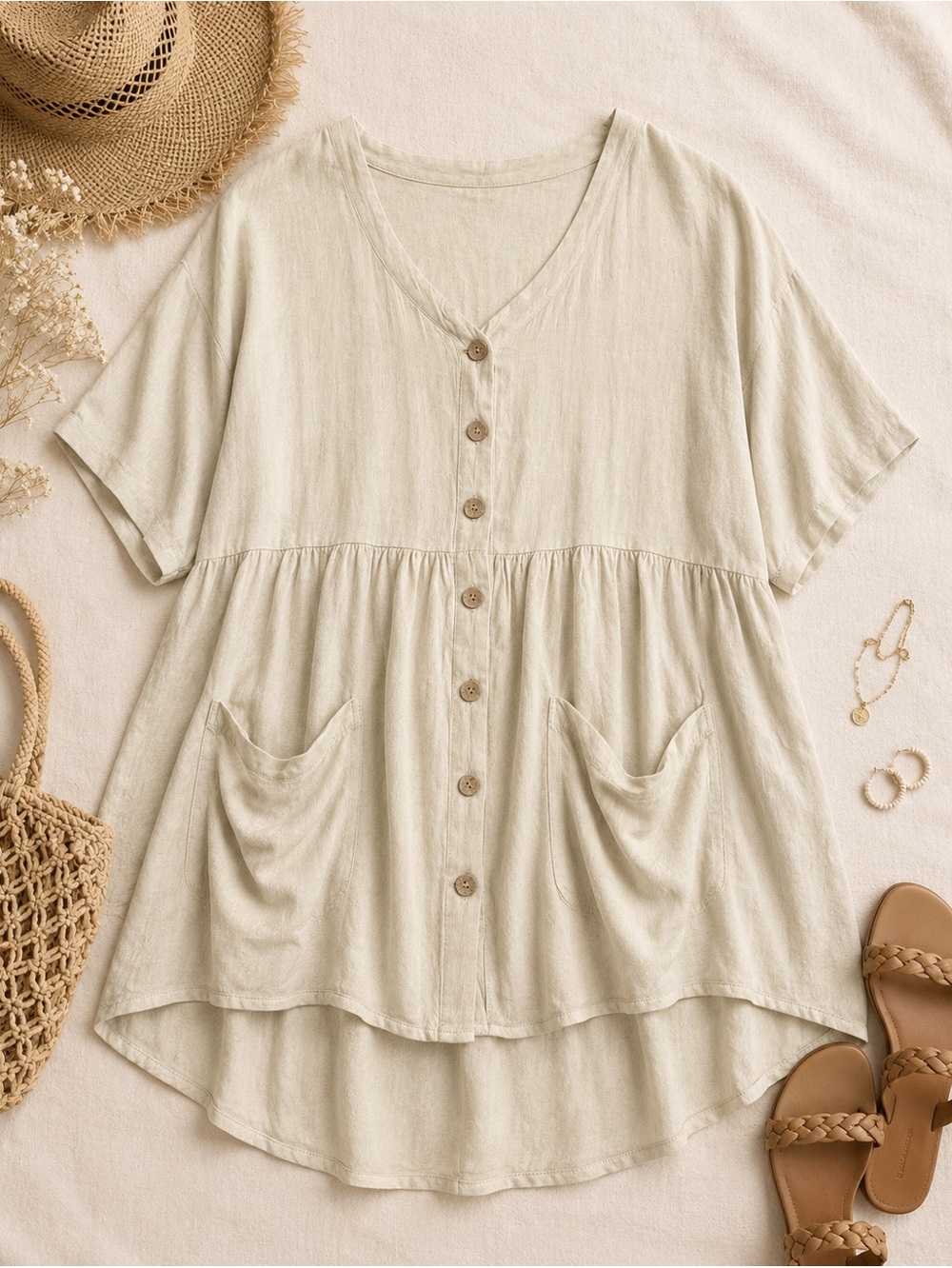 Rip Curl Premium Linen Babydoll Dress M | Relaxed Fit Coastal Boho Summer Mini